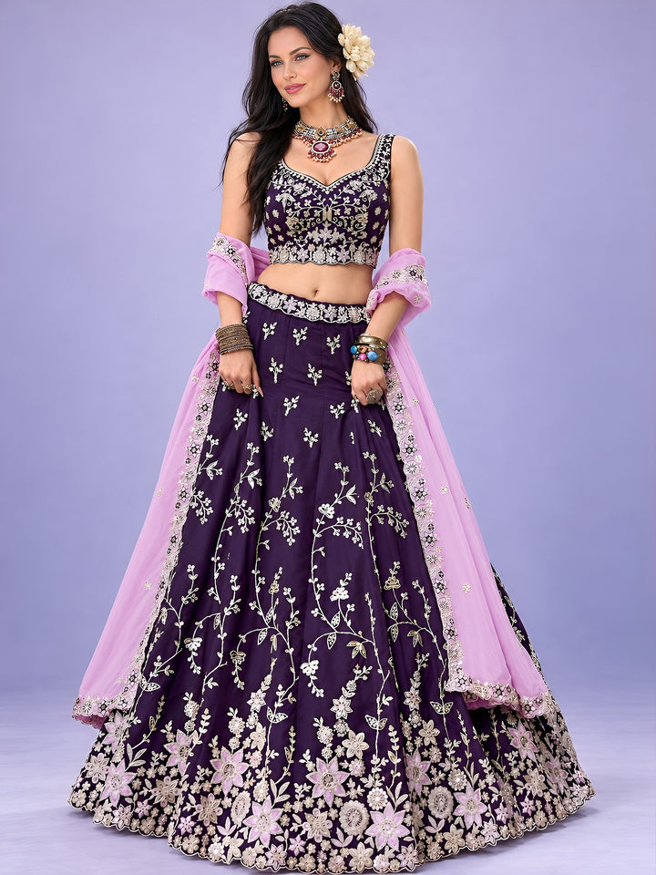Enchanting Purple Zari Work Silk Marriage Wear Lehenga Choli