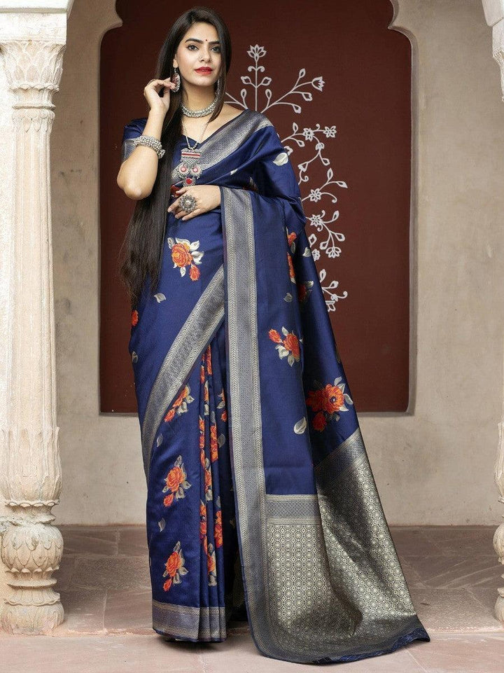 Fantastic Blue Rose Floral Weaving Banarasi Silk Festive Saree