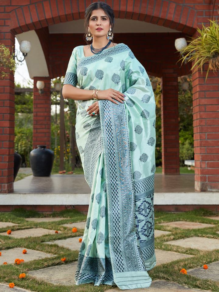 Outstanding Light Blue Weaving Banarasi Silk Festival Wear Saree