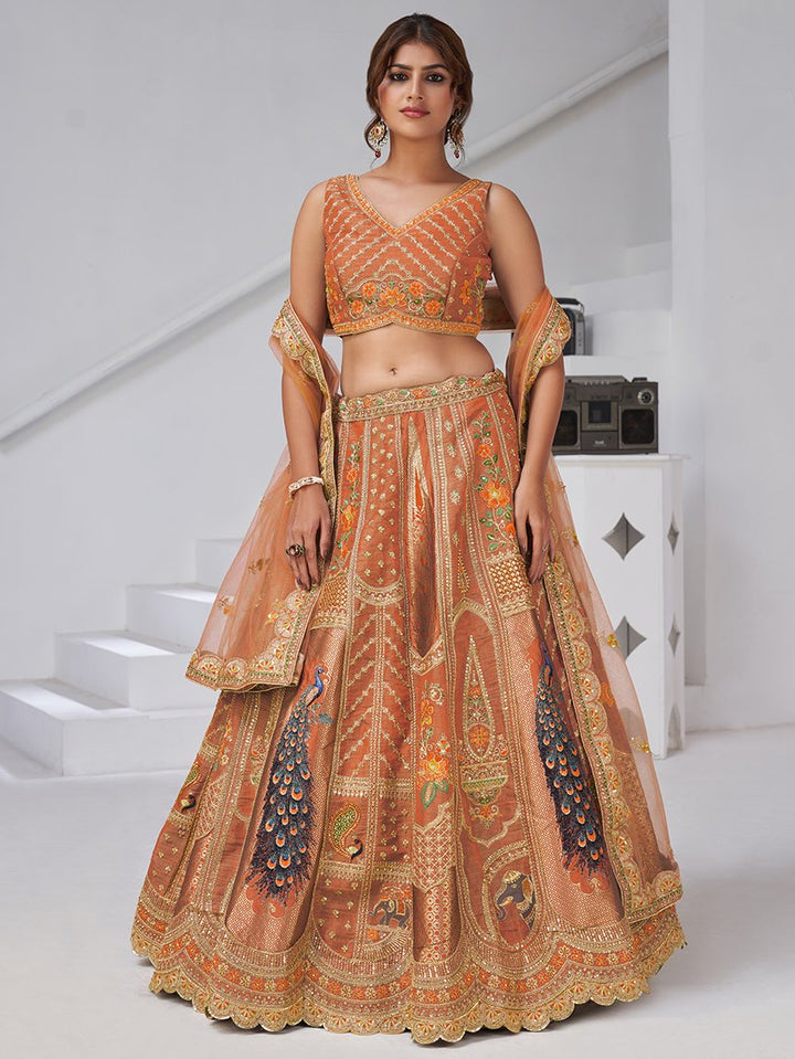 Spectacular Rust Orange Embroidered Banarasi Silk Designer Lehenga Choli With Dupatta