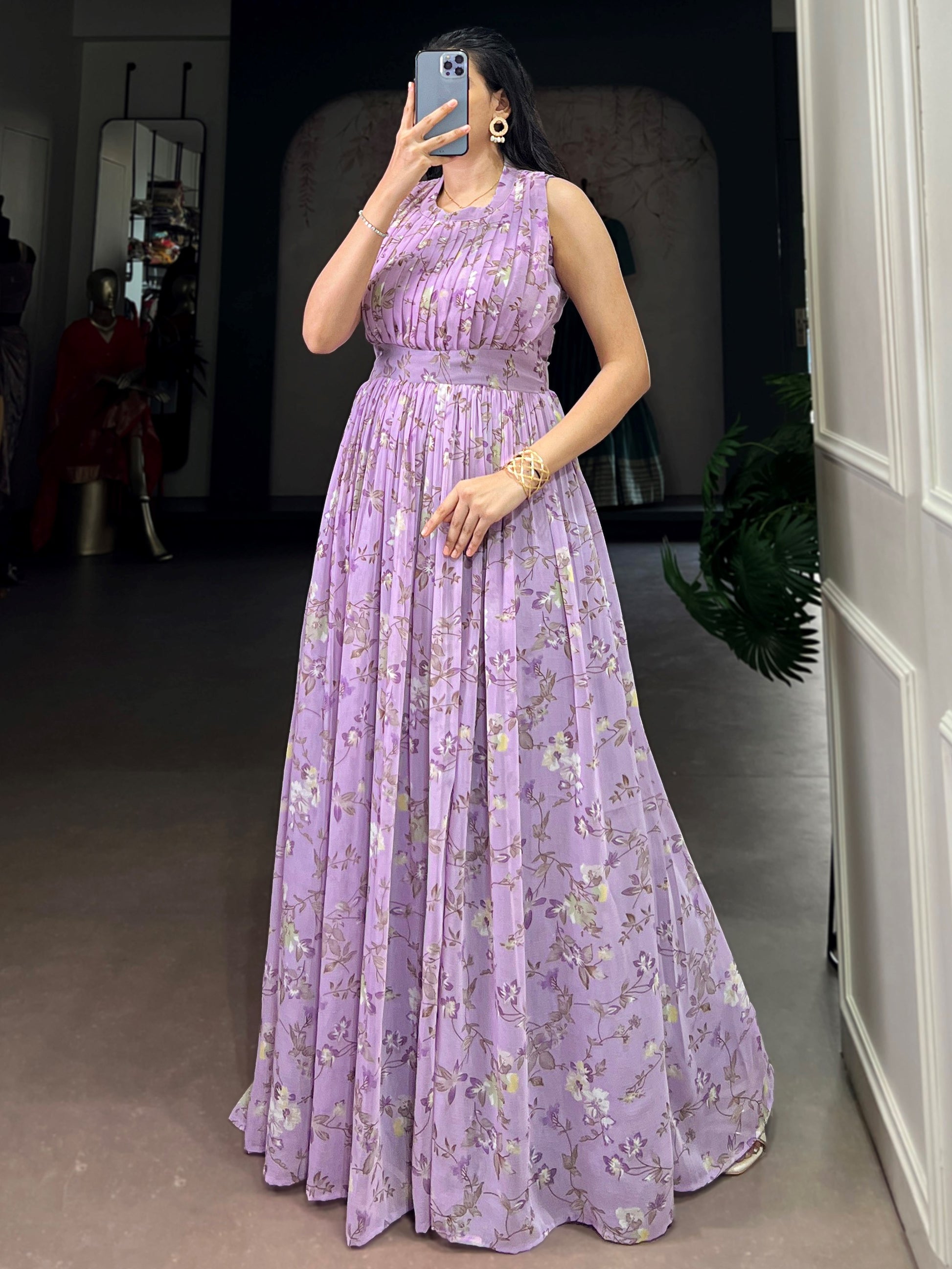 Alluring Lavender Floral Printed Georgette Daily Wear Dress