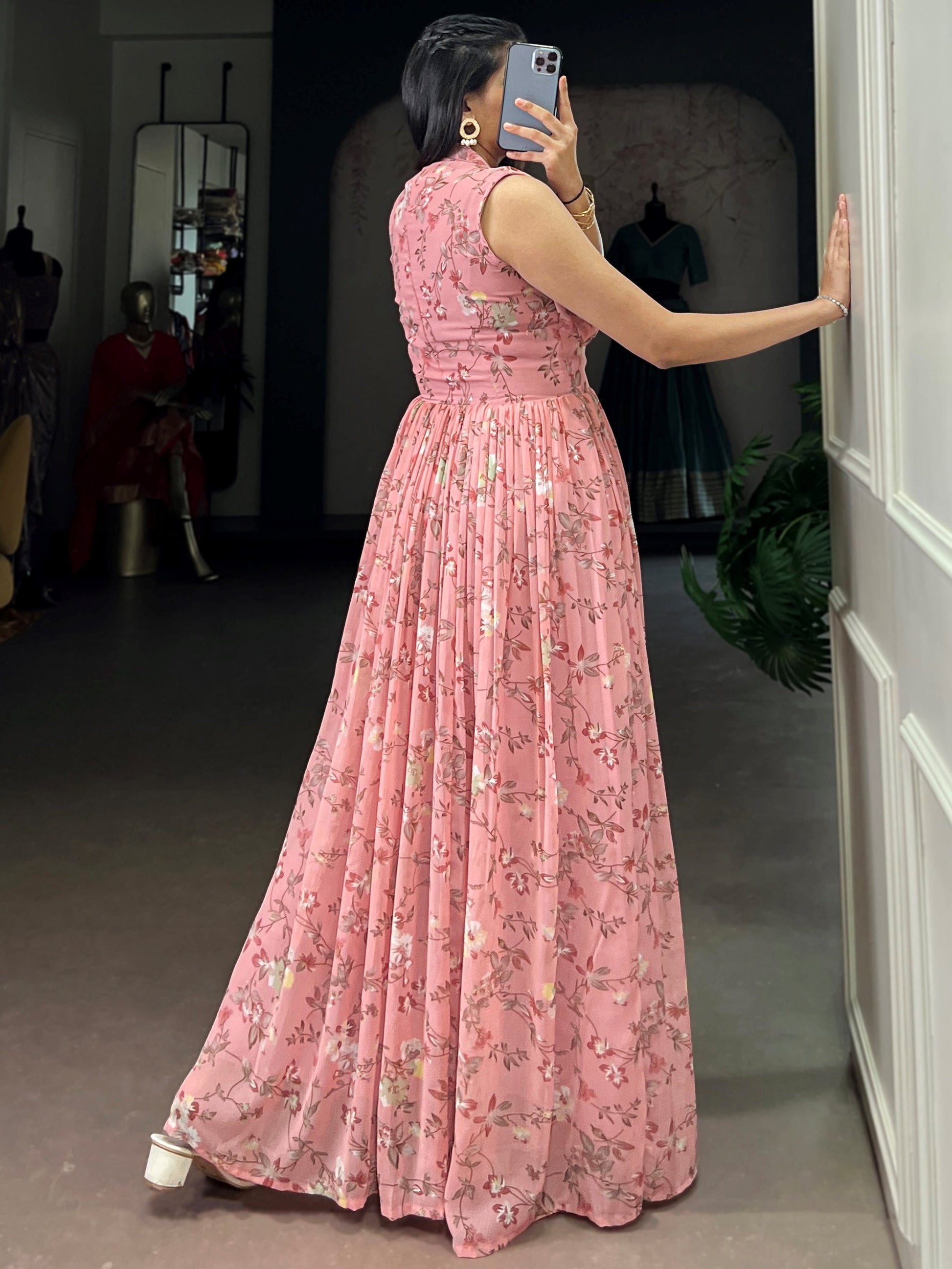 Pretty Pink Floral Printed Georgette Western Wear Dress