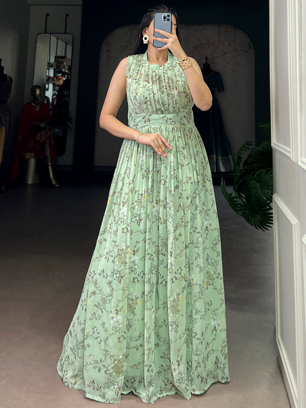 Noteworthy Green Floral Printed Georgette Casual Wear Dress
