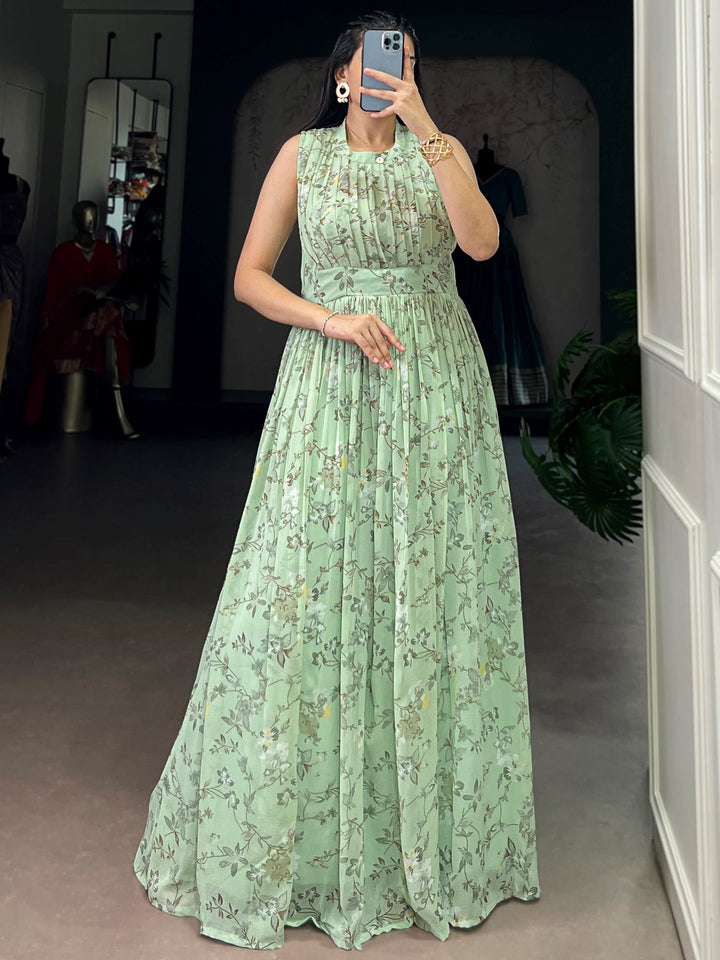 Noteworthy Green Floral Printed Georgette Casual Wear Dress