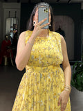 Stylish Yellow Floral Printed Georgette Casual Wear Dress