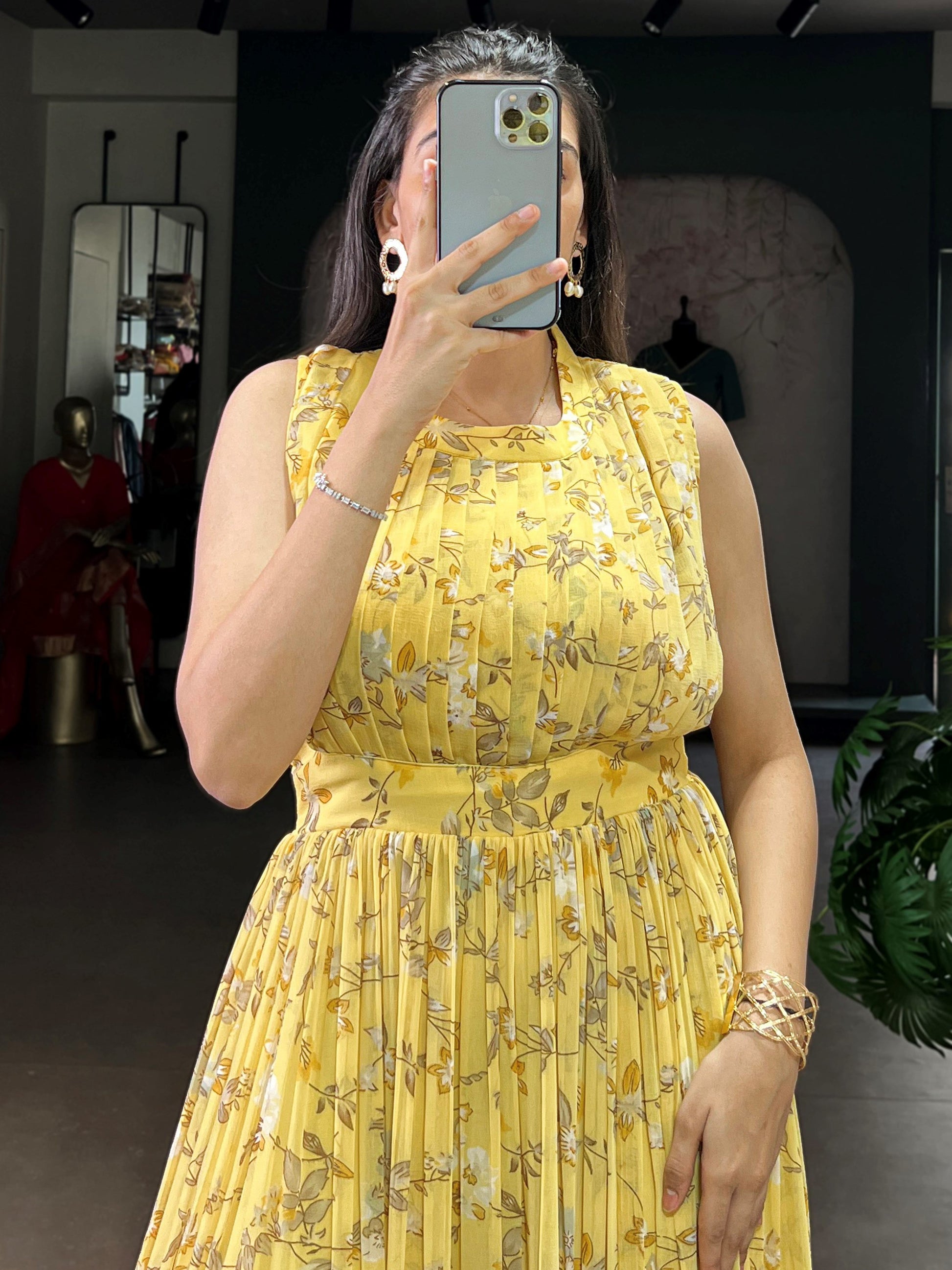 Stylish Yellow Floral Printed Georgette Casual Wear Dress