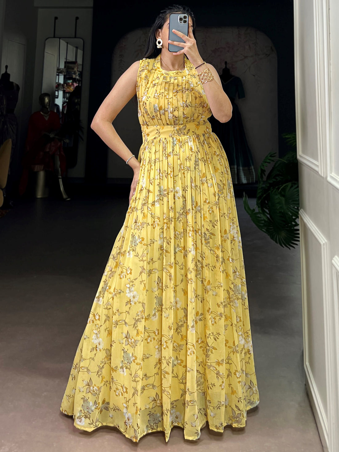 Stylish Yellow Floral Printed Georgette Casual Wear Dress