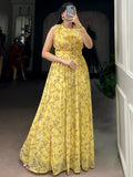 Stylish Yellow Floral Printed Georgette Casual Wear Dress