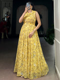 Stylish Yellow Floral Printed Georgette Casual Wear Dress