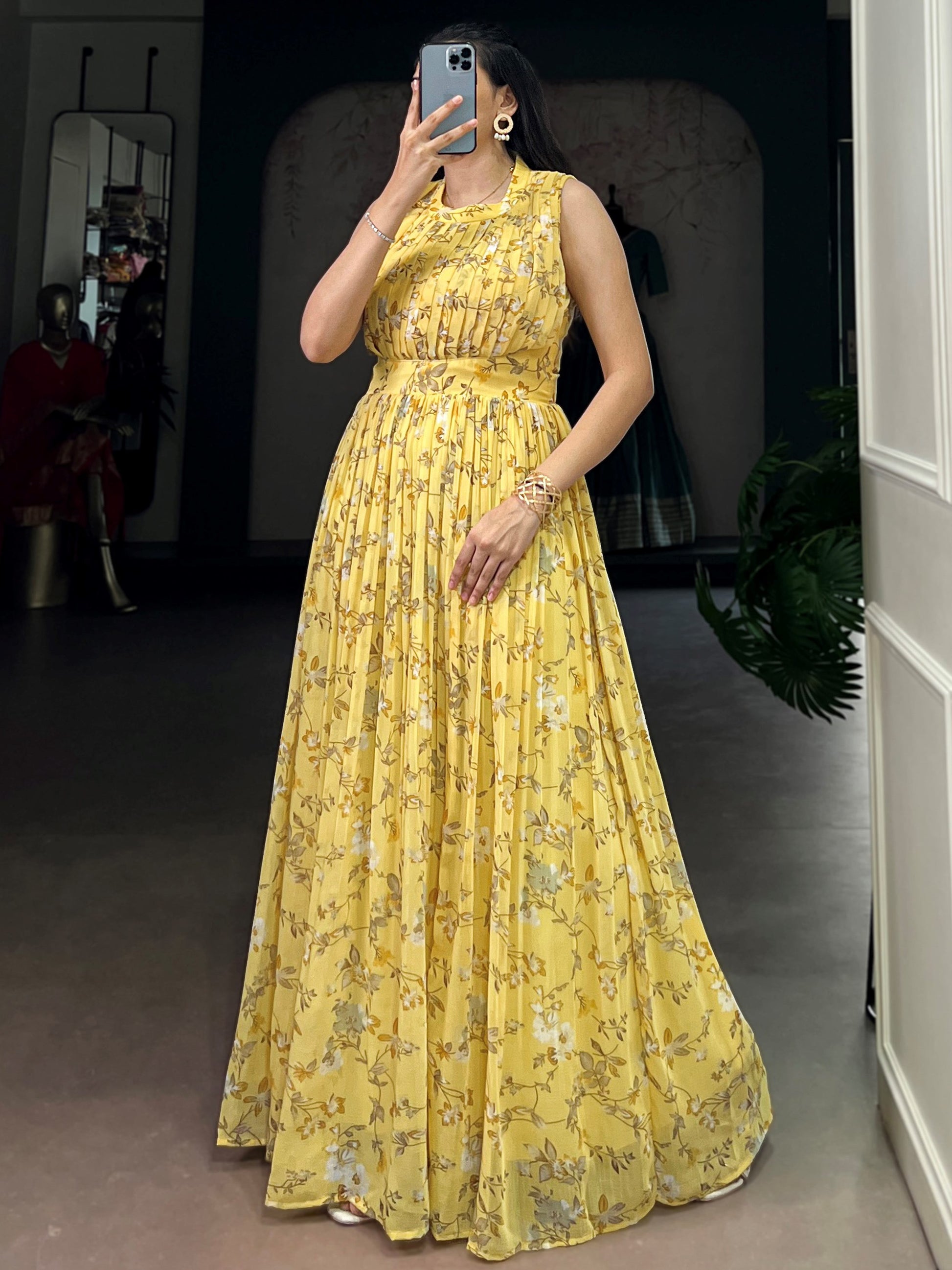 Stylish Yellow Floral Printed Georgette Casual Wear Dress