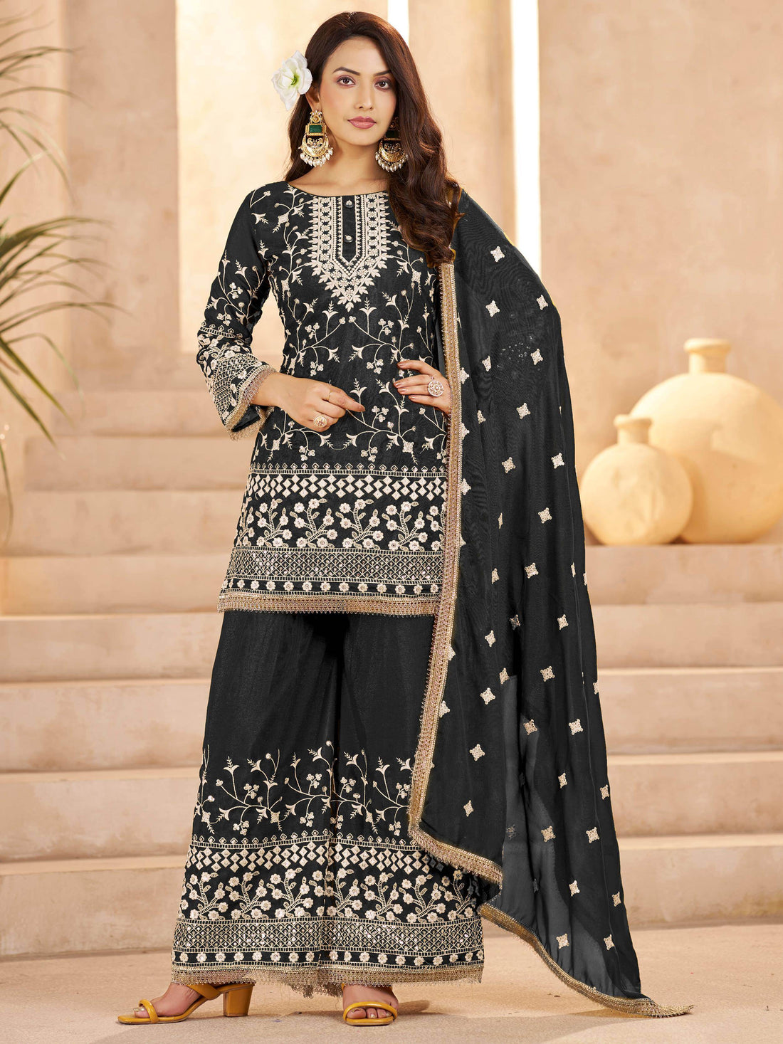 Elegant Black Thread Embroidery Georgette Festive Wear Palazzo Suit
