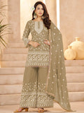 Dreamy Olive Green Sequins Work Georgette Festive Wear Palazzo Suit