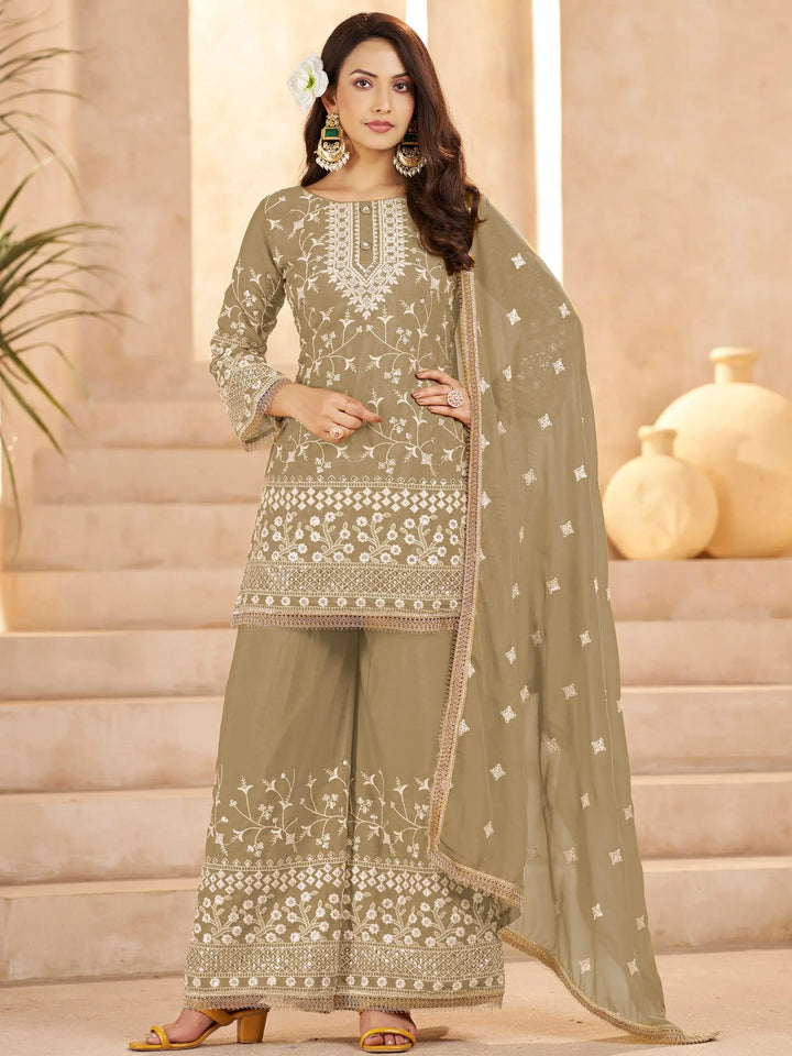 Dreamy Olive Green Sequins Work Georgette Festive Wear Palazzo Suit