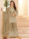 Dreamy Olive Green Sequins Work Georgette Festive Wear Palazzo Suit