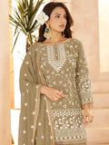 Dreamy Olive Green Sequins Work Georgette Festive Wear Palazzo Suit