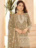 Dreamy Olive Green Sequins Work Georgette Festive Wear Palazzo Suit