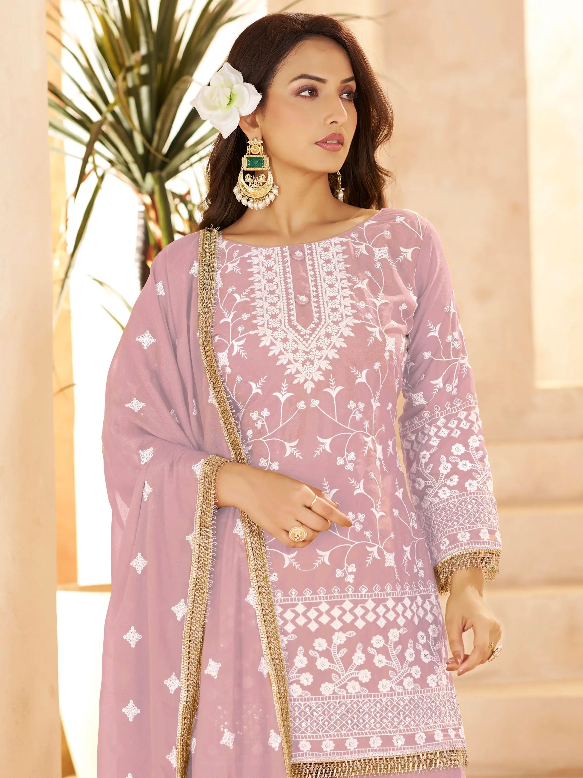 Magnificent Pink Thread Embroidery Georgette Festive Wear Palazzo Suit