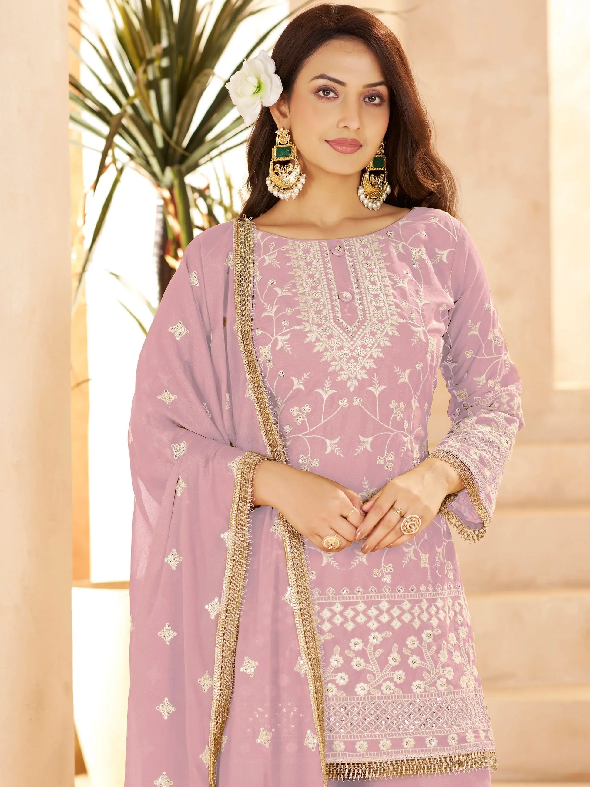 Magnificent Pink Thread Embroidery Georgette Festive Wear Palazzo Suit