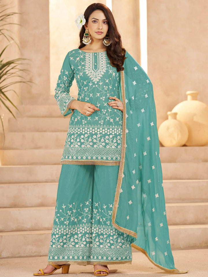 Charismatic Green Sequins Work Georgette Festive Wear Palazzo Suit