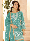 Charismatic Green Sequins Work Georgette Festive Wear Palazzo Suit