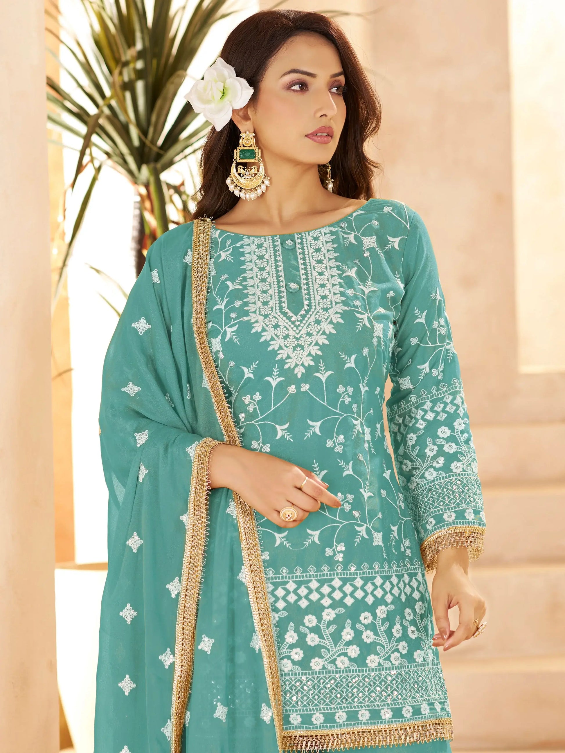 Charismatic Green Sequins Work Georgette Festive Wear Palazzo Suit