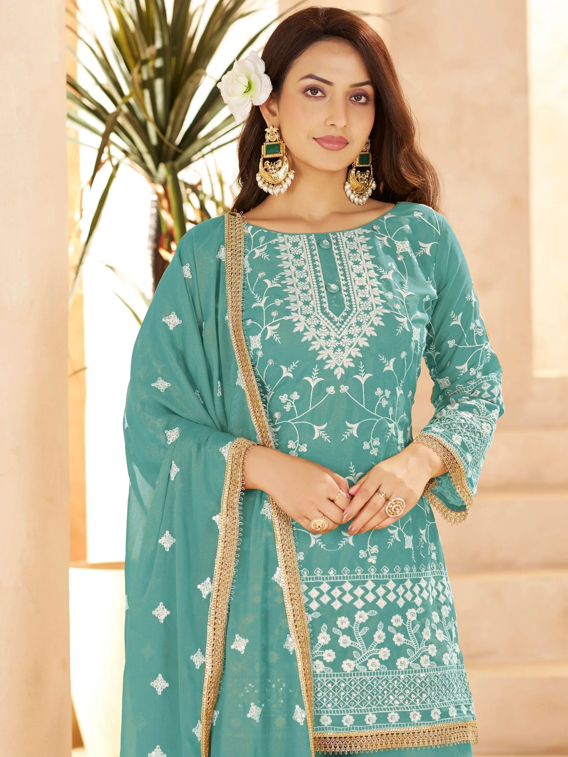 Charismatic Green Sequins Work Georgette Festive Wear Palazzo Suit