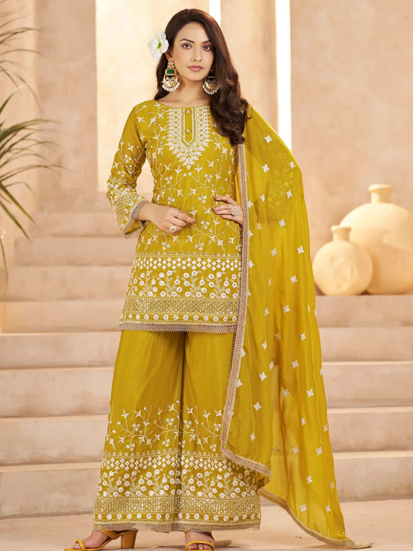 Gorgeous Yellow Sequins Work Georgette Festive Wear Palazzo Suit