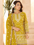 Gorgeous Yellow Sequins Work Georgette Festive Wear Palazzo Suit