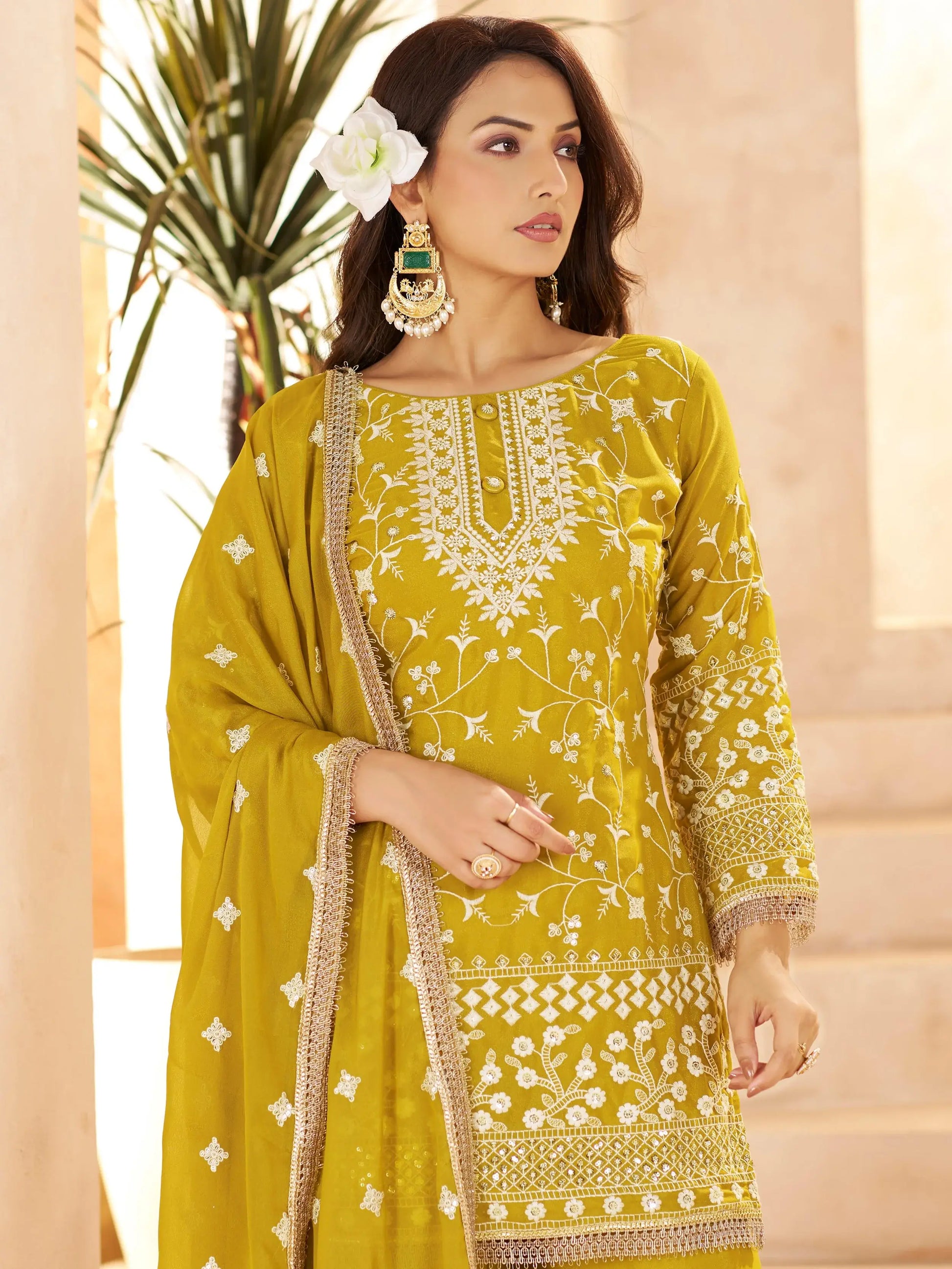 Gorgeous Yellow Sequins Work Georgette Festive Wear Palazzo Suit