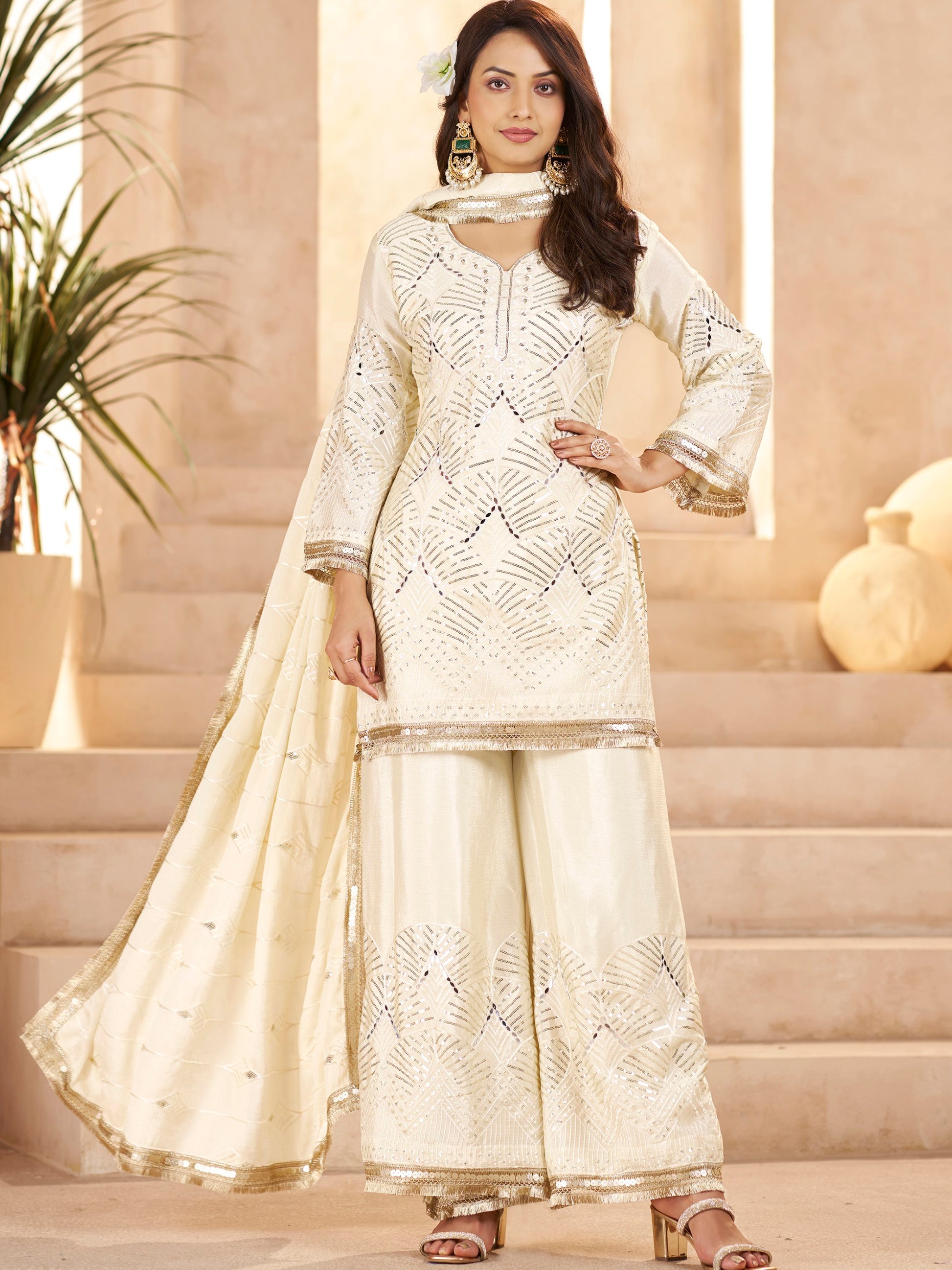 Wonderful Off-White Sequins Embroidery Chinon Event Wear Palazzo Suit