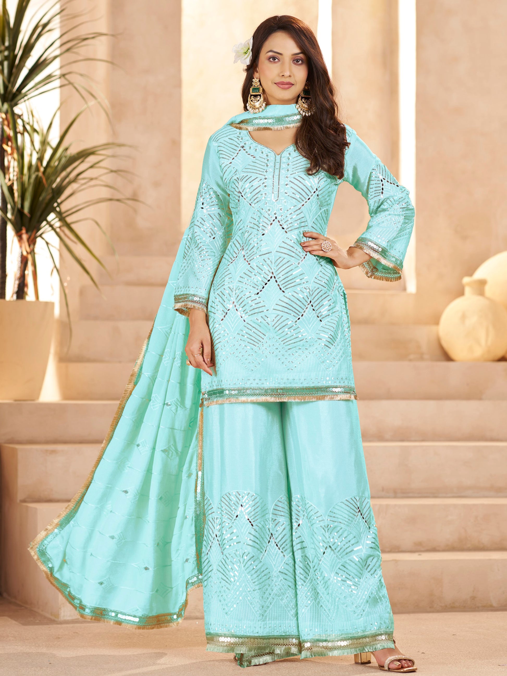 Adorable Sky Blue Thread Embroidery Chinon Wedding Wear Palazzo Suit