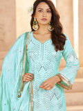 Adorable Sky Blue Thread Embroidery Chinon Wedding Wear Palazzo Suit