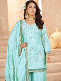 Adorable Sky Blue Thread Embroidery Chinon Wedding Wear Palazzo Suit