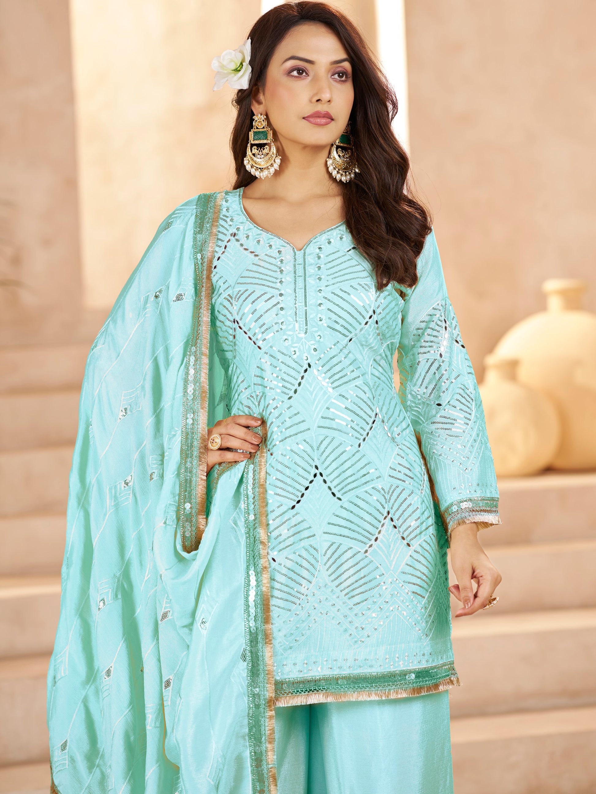 Adorable Sky Blue Thread Embroidery Chinon Wedding Wear Palazzo Suit