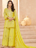 Elegant Yellow Sequins Chinon Haldi Wear Palazzo Suit With Dupatta