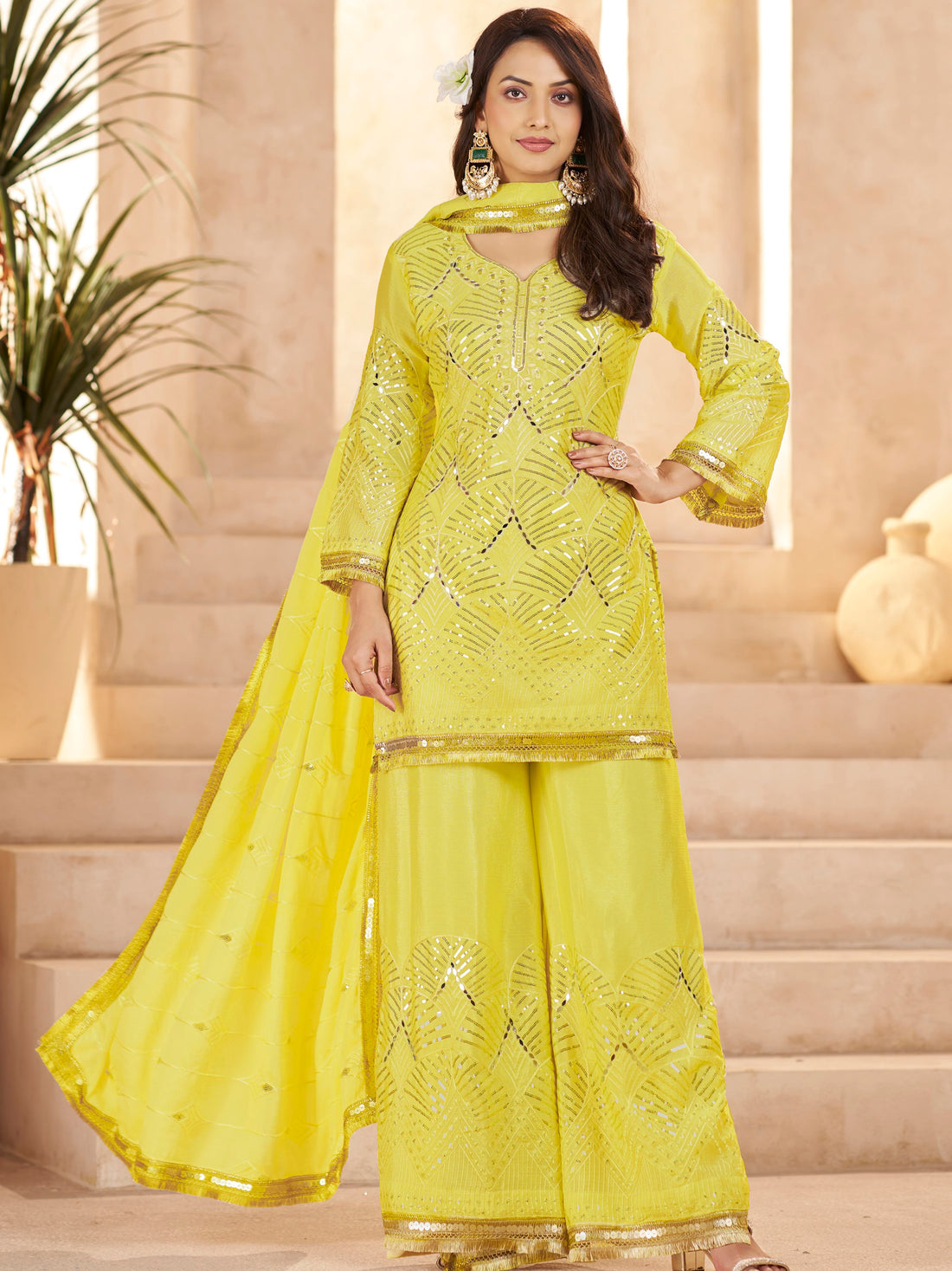 Elegant Yellow Sequins Chinon Haldi Wear Palazzo Suit With Dupatta