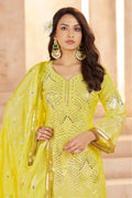 Elegant Yellow Sequins Chinon Haldi Wear Palazzo Suit With Dupatta