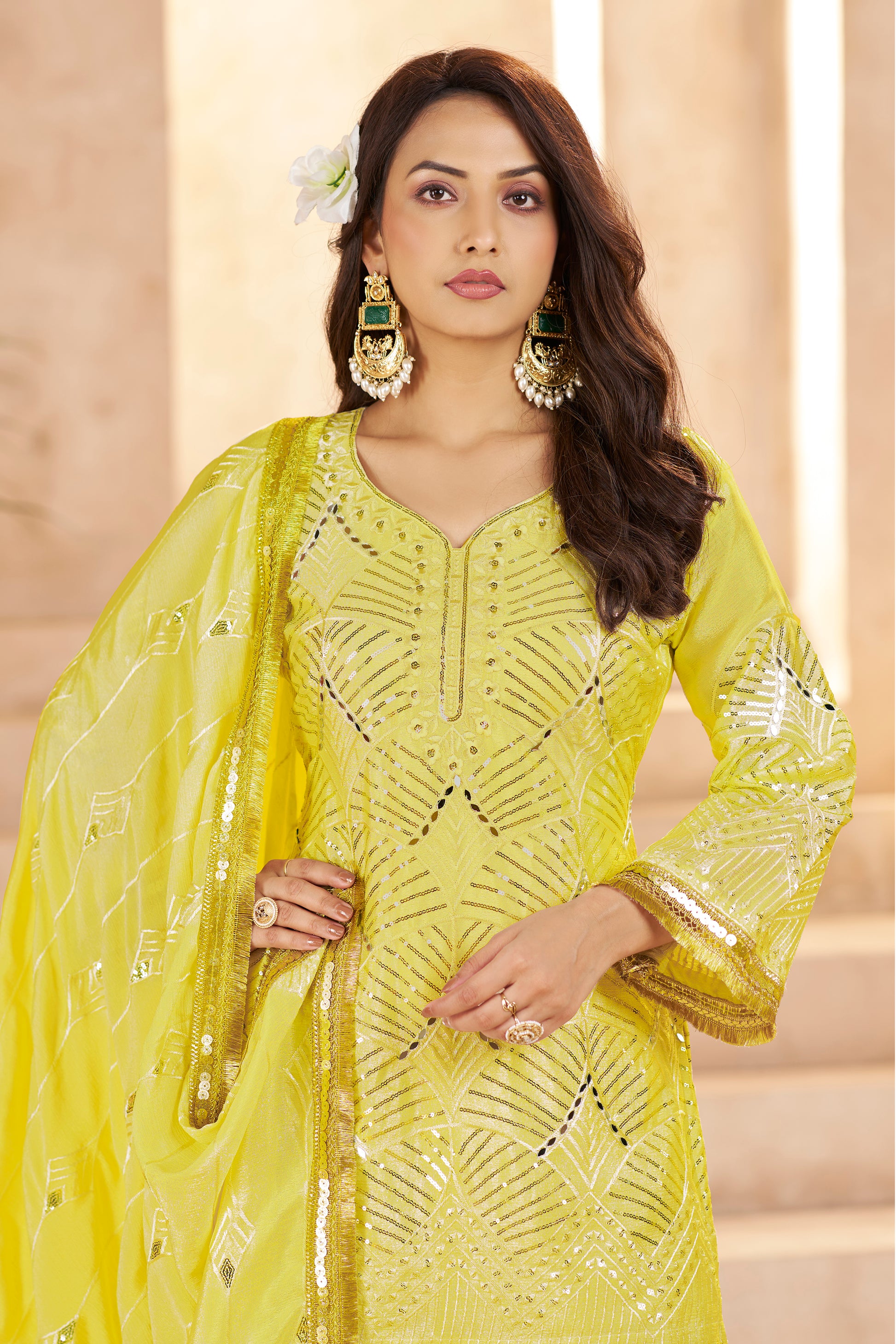 Elegant Yellow Sequins Chinon Haldi Wear Palazzo Suit With Dupatta