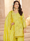 Elegant Yellow Sequins Chinon Haldi Wear Palazzo Suit With Dupatta