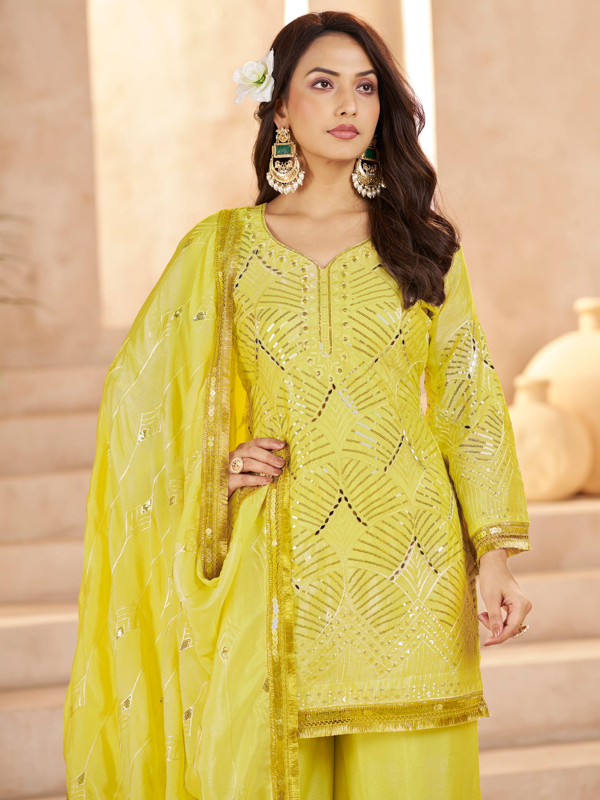 Elegant Yellow Sequins Chinon Haldi Wear Palazzo Suit With Dupatta