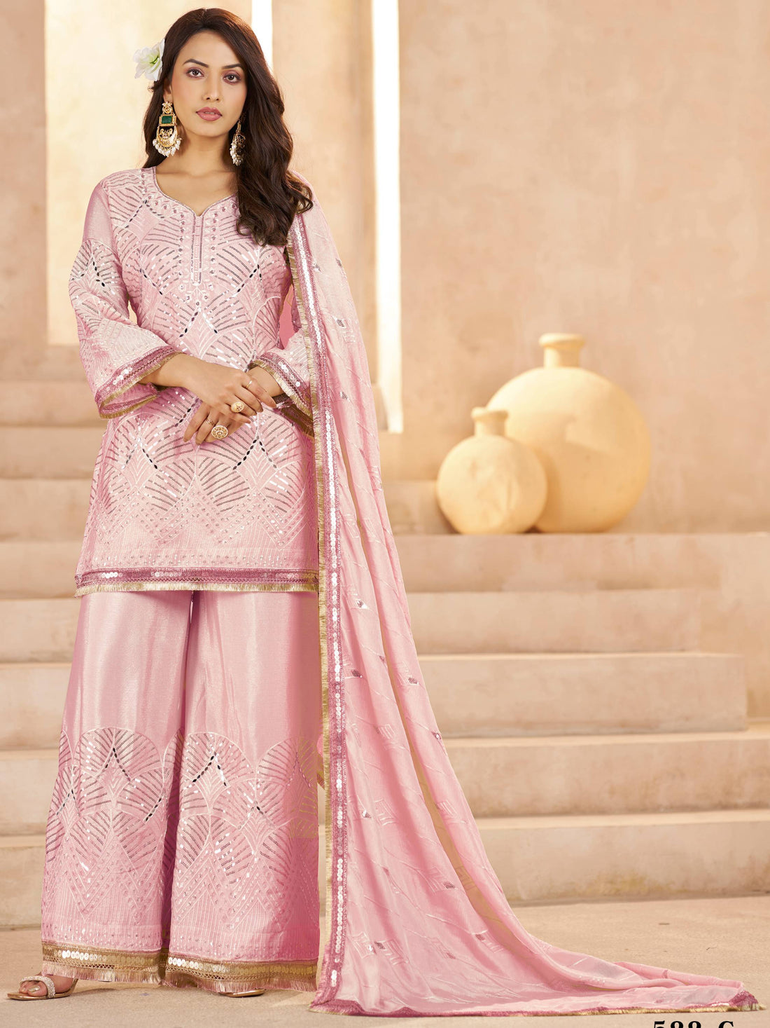 Beautiful Rose Pink Embroidered Chinon Engagement Wear Palazzo Suit With Dupatta