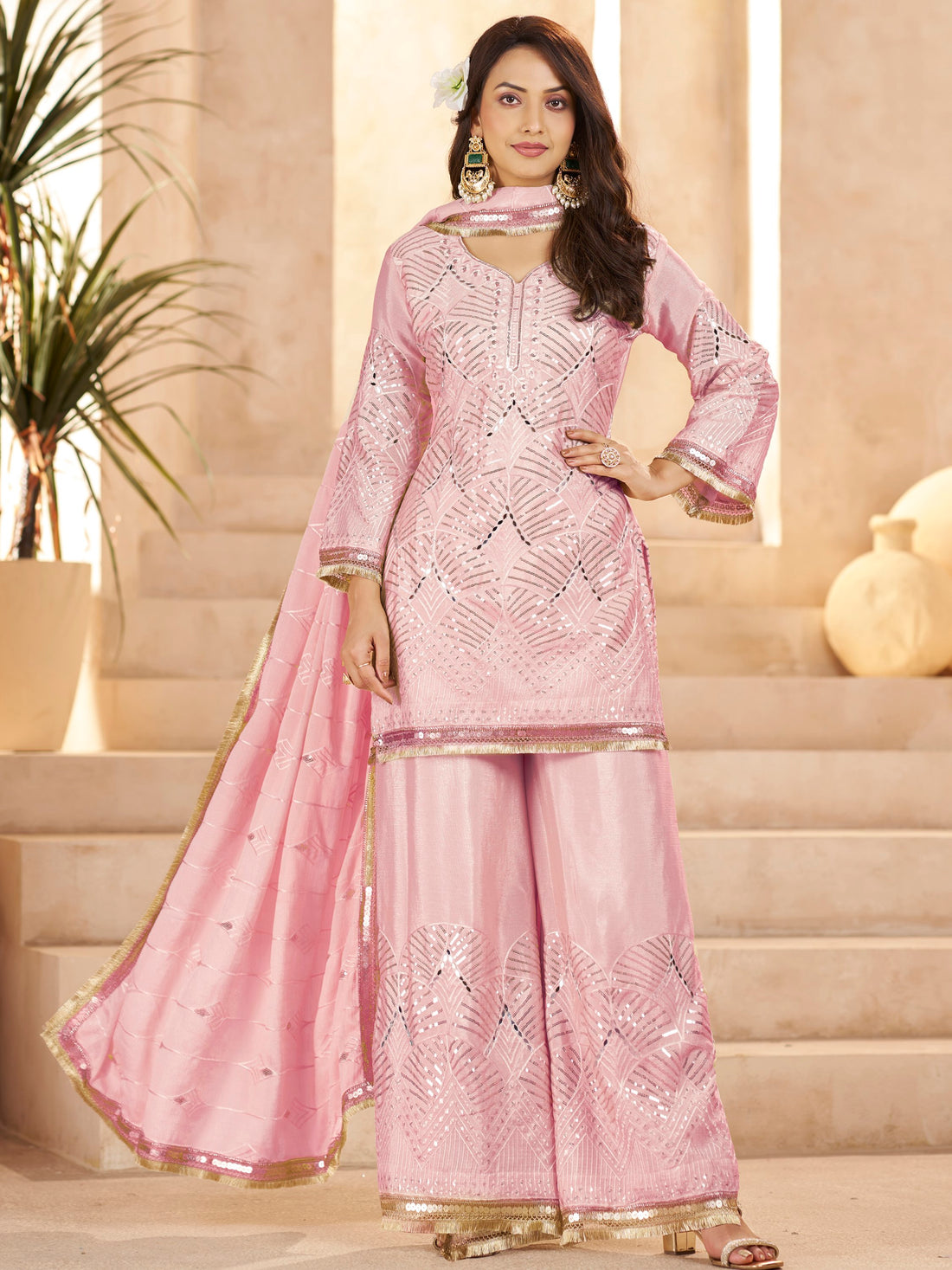 Beautiful Rose Pink Embroidered Chinon Engagement Wear Palazzo Suit With Dupatta