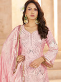 Beautiful Rose Pink Embroidered Chinon Engagement Wear Palazzo Suit With Dupatta