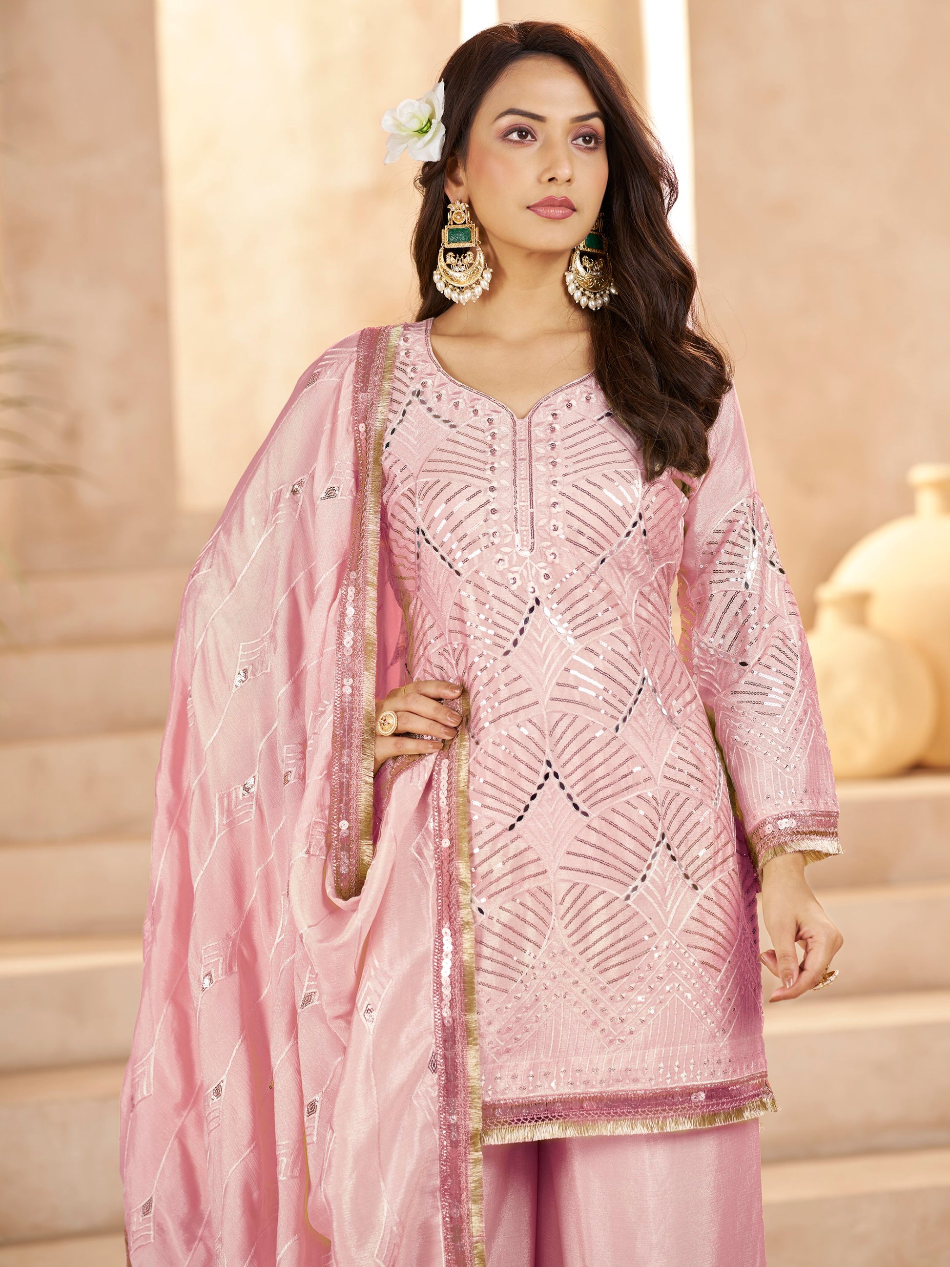 Beautiful Rose Pink Embroidered Chinon Engagement Wear Palazzo Suit With Dupatta