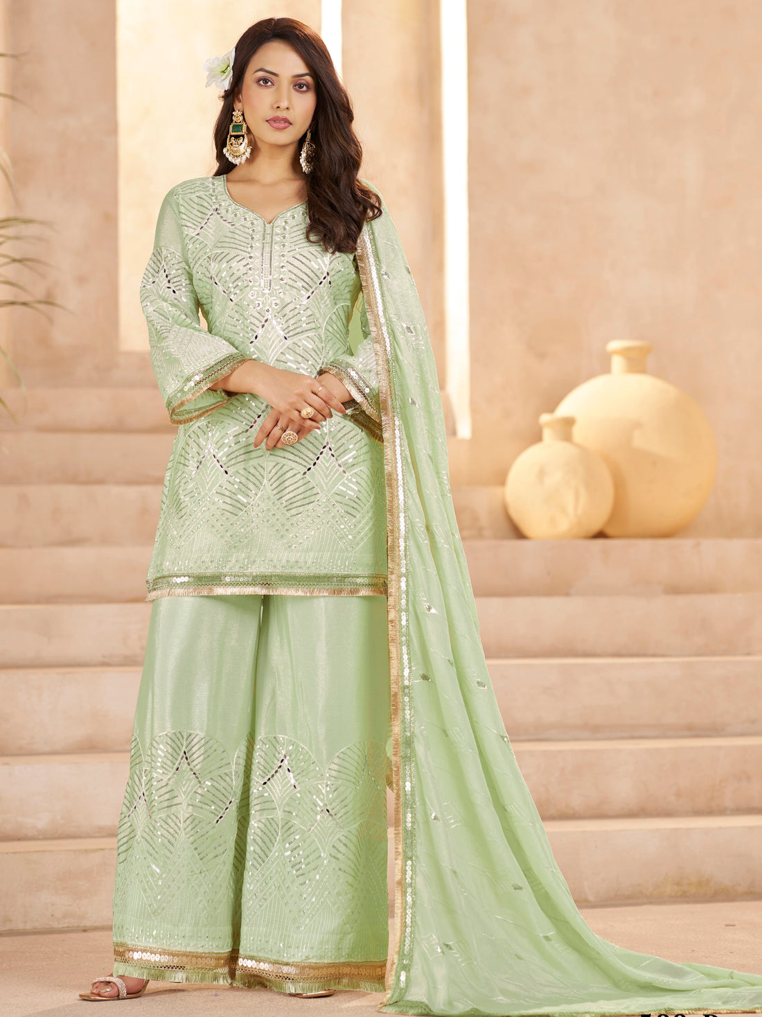 Dazzling Pista Green Thread Work Chinon Mehendi Wear Palazzo Suit