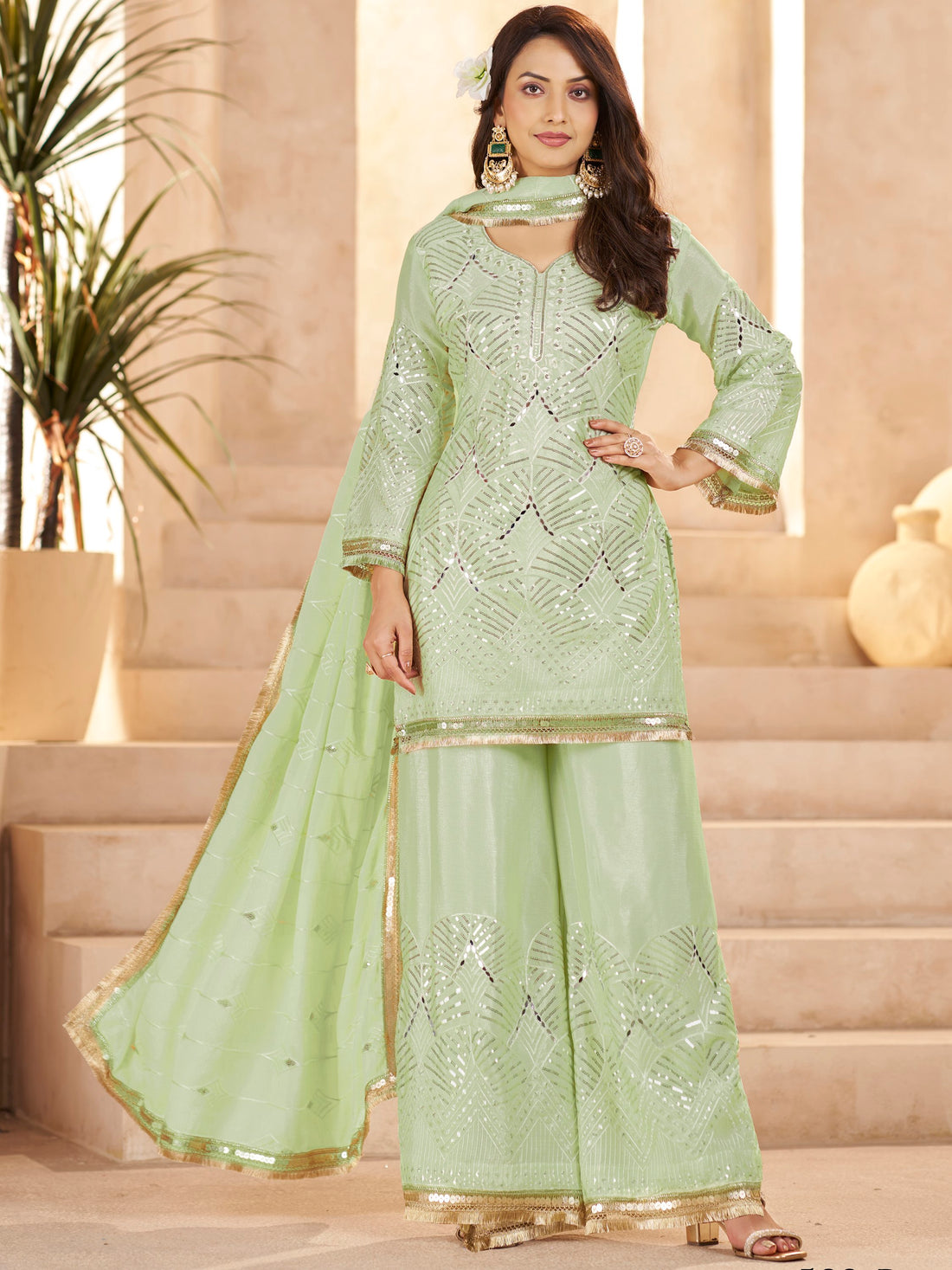 Dazzling Pista Green Thread Work Chinon Mehendi Wear Palazzo Suit