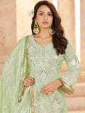Dazzling Pista Green Thread Work Chinon Mehendi Wear Palazzo Suit