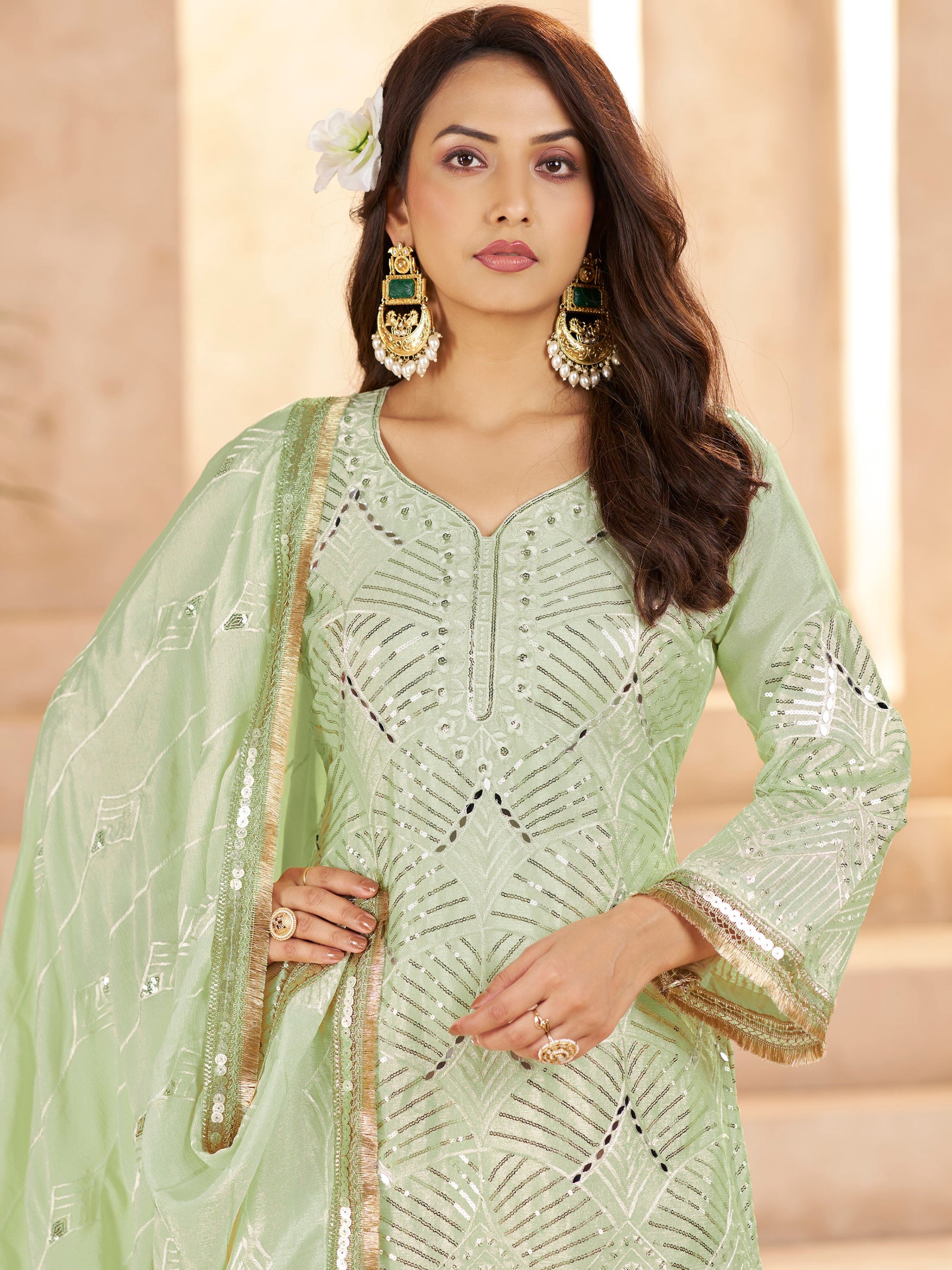 Dazzling Pista Green Thread Work Chinon Mehendi Wear Palazzo Suit
