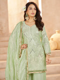 Dazzling Pista Green Thread Work Chinon Mehendi Wear Palazzo Suit