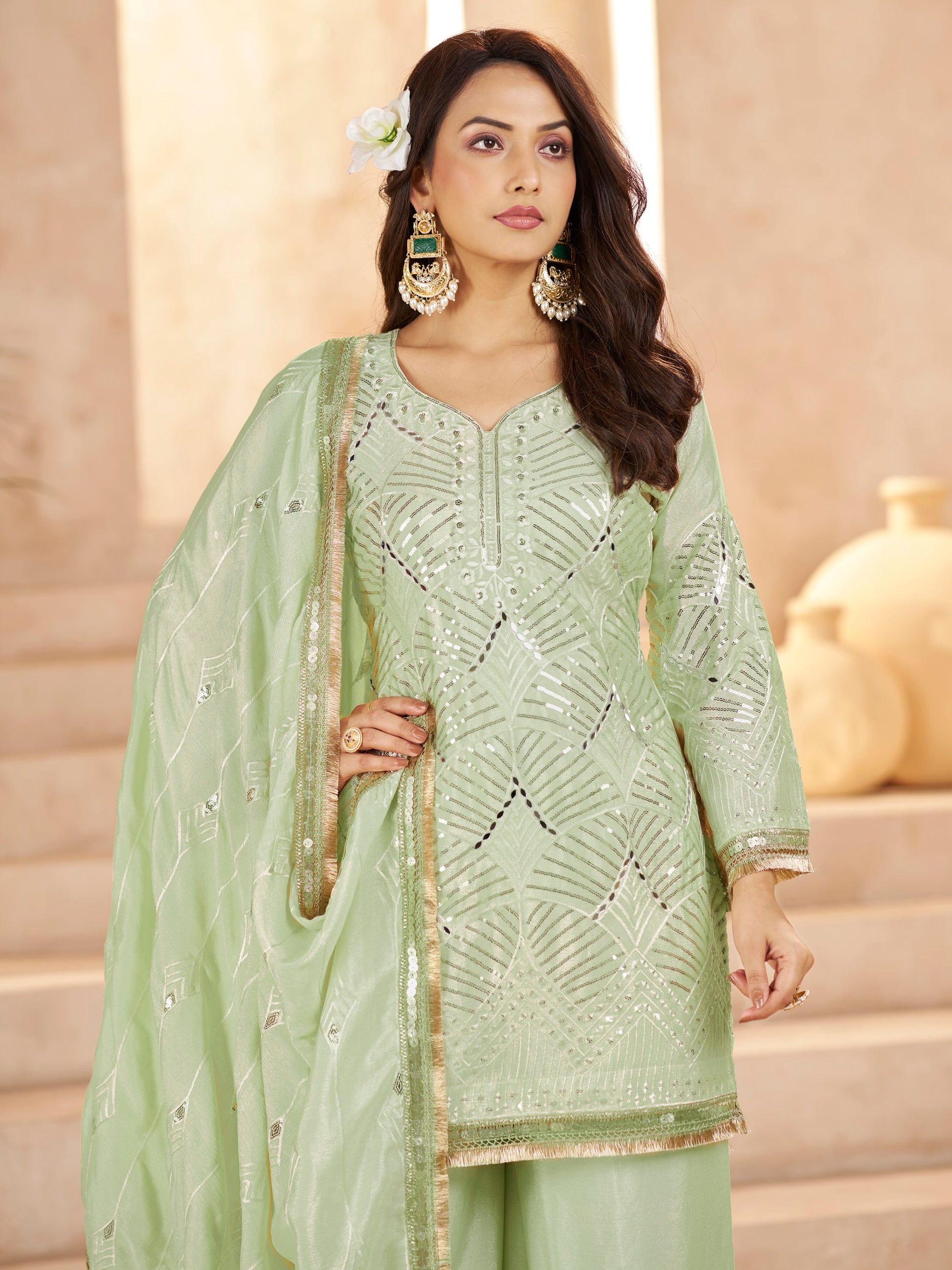 Dazzling Pista Green Thread Work Chinon Mehendi Wear Palazzo Suit